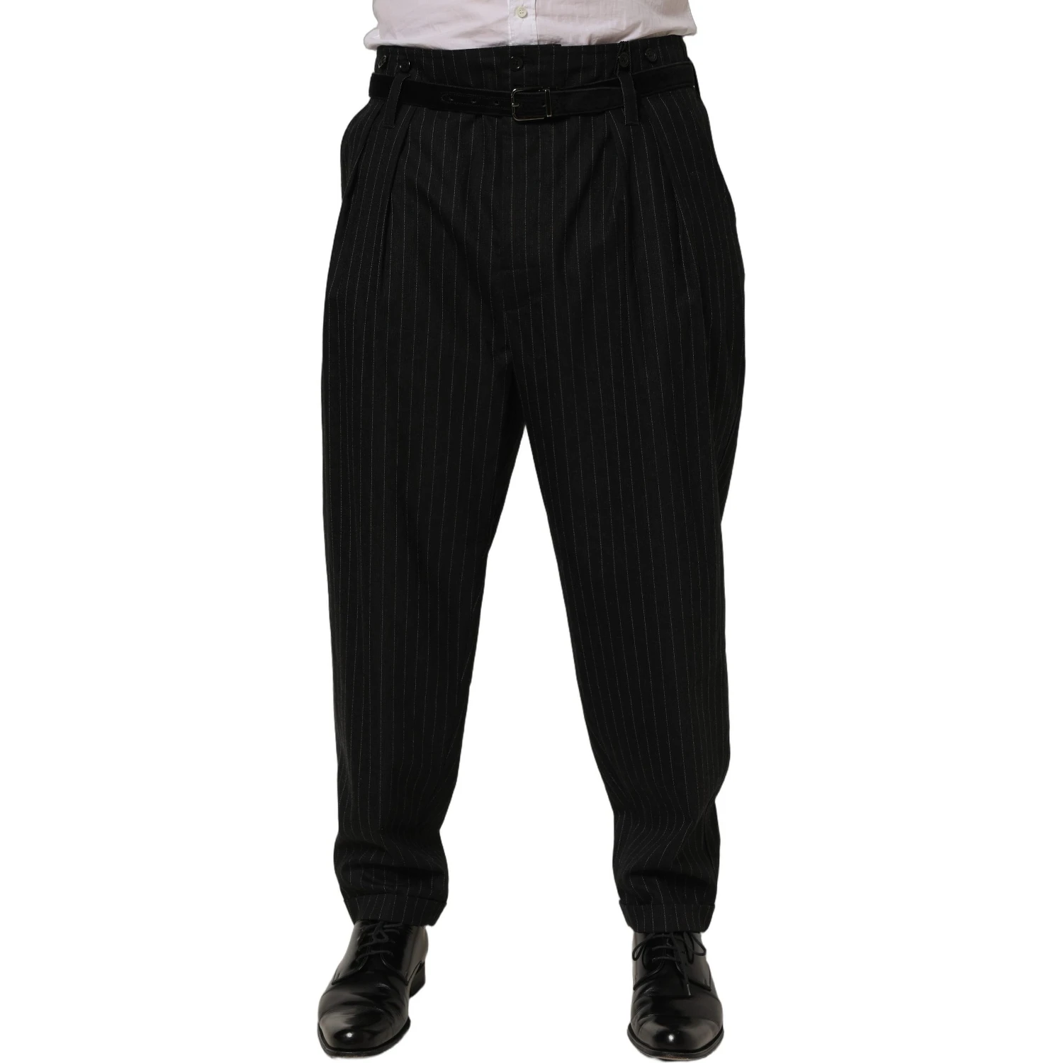 Black Pinstripe Wool Men Dress Trouser Pants