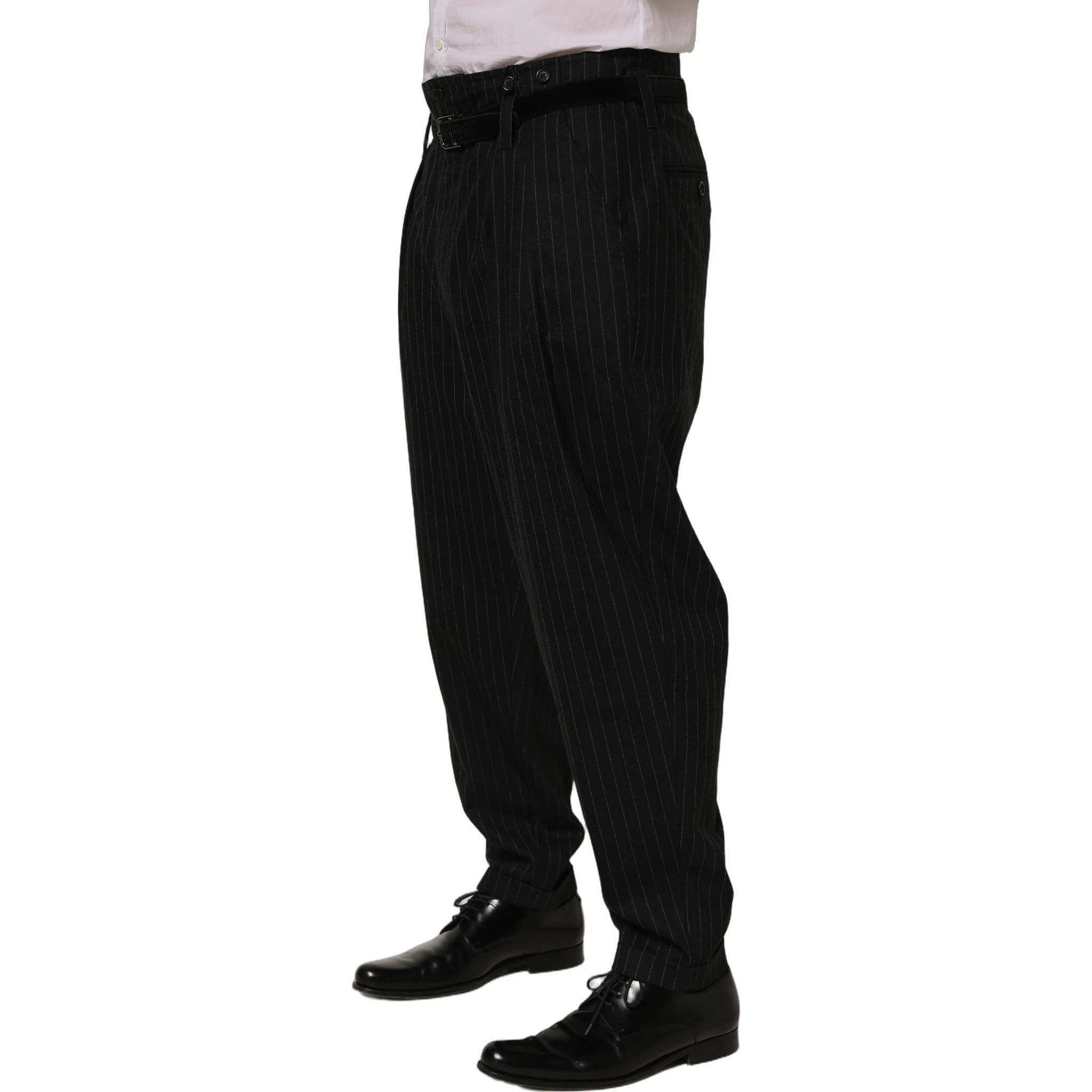 Black Pinstripe Wool Men Dress Trouser Pants