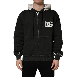 Black Cotton Logo Hooded Full Zip Sweater