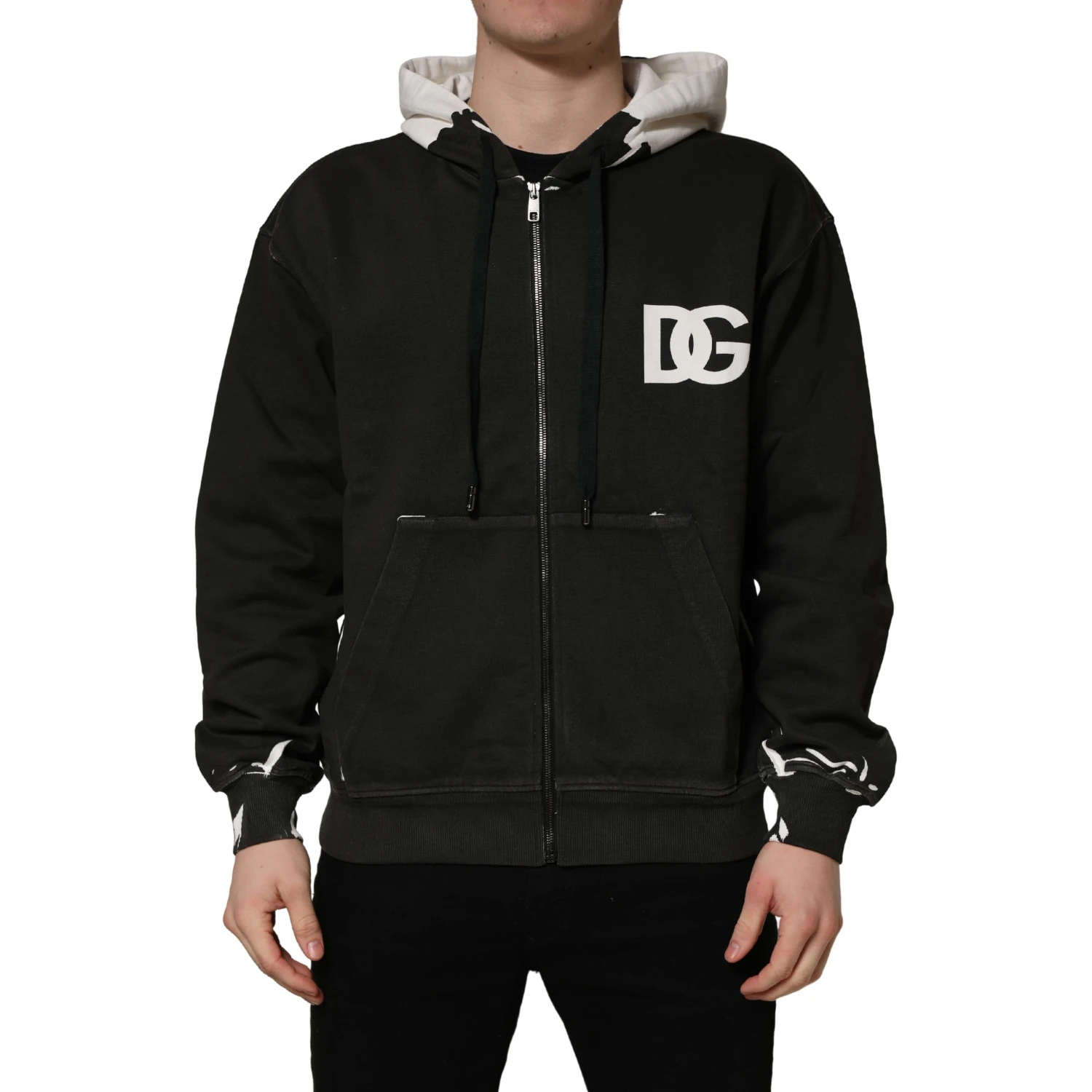 Black Cotton Logo Hooded Full Zip Sweater