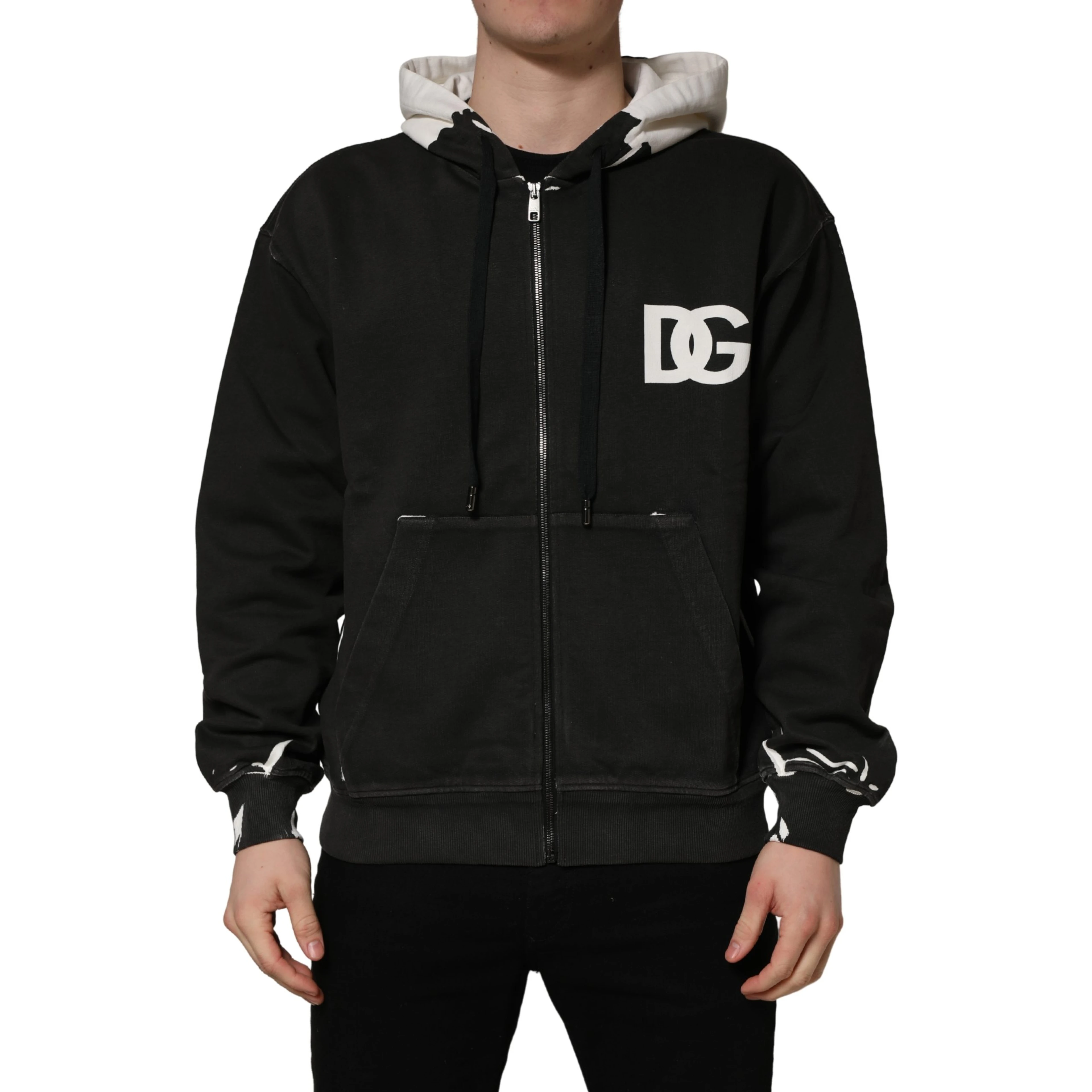 Black Cotton Logo Hooded Full Zip Sweater