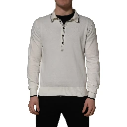 White Cotton Blend Men Polo Pullover Sweater