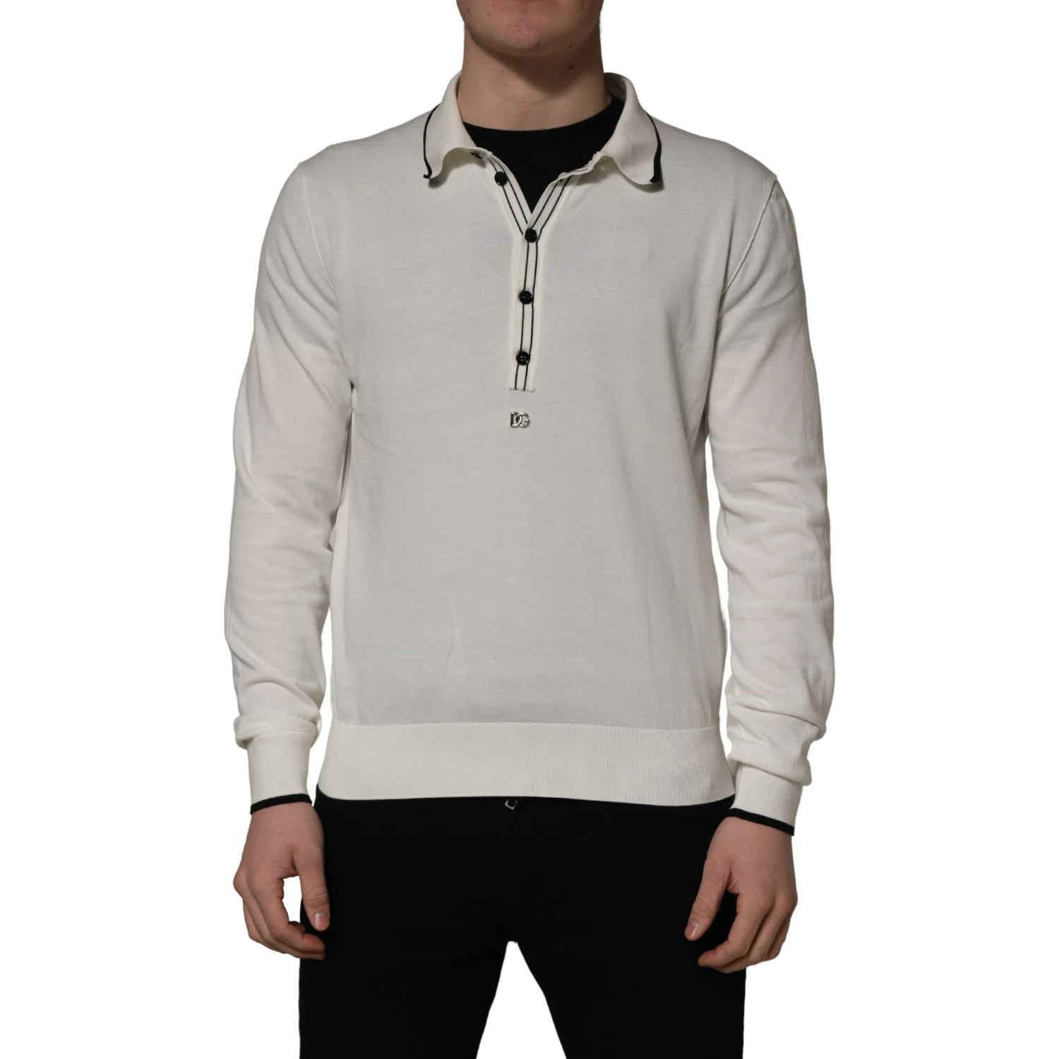 White Cotton Blend Men Polo Pullover Sweater