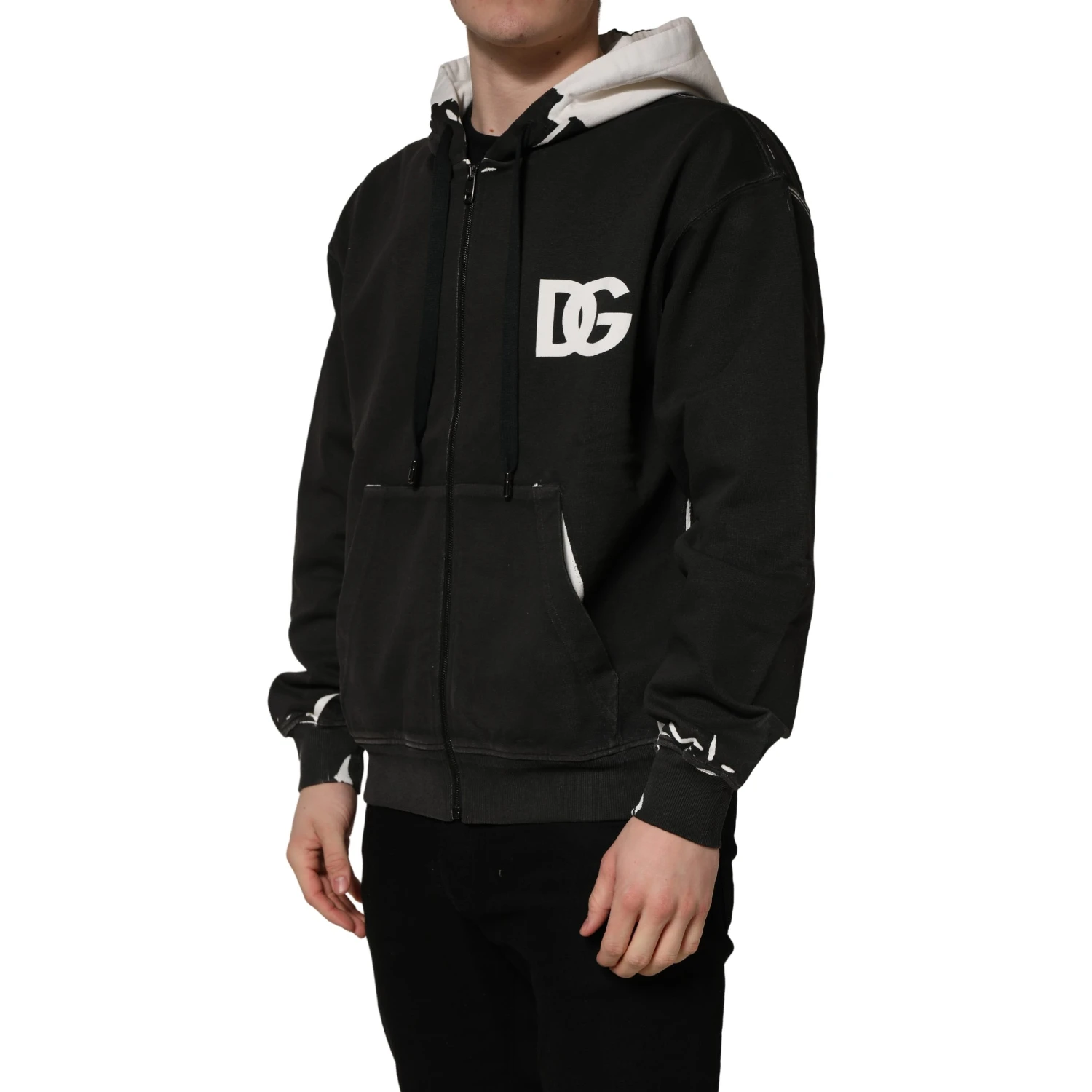 Black Cotton Logo Hooded Full Zip Sweater