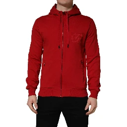 Red Embroidered Logo Hooded Full Zip Sweater