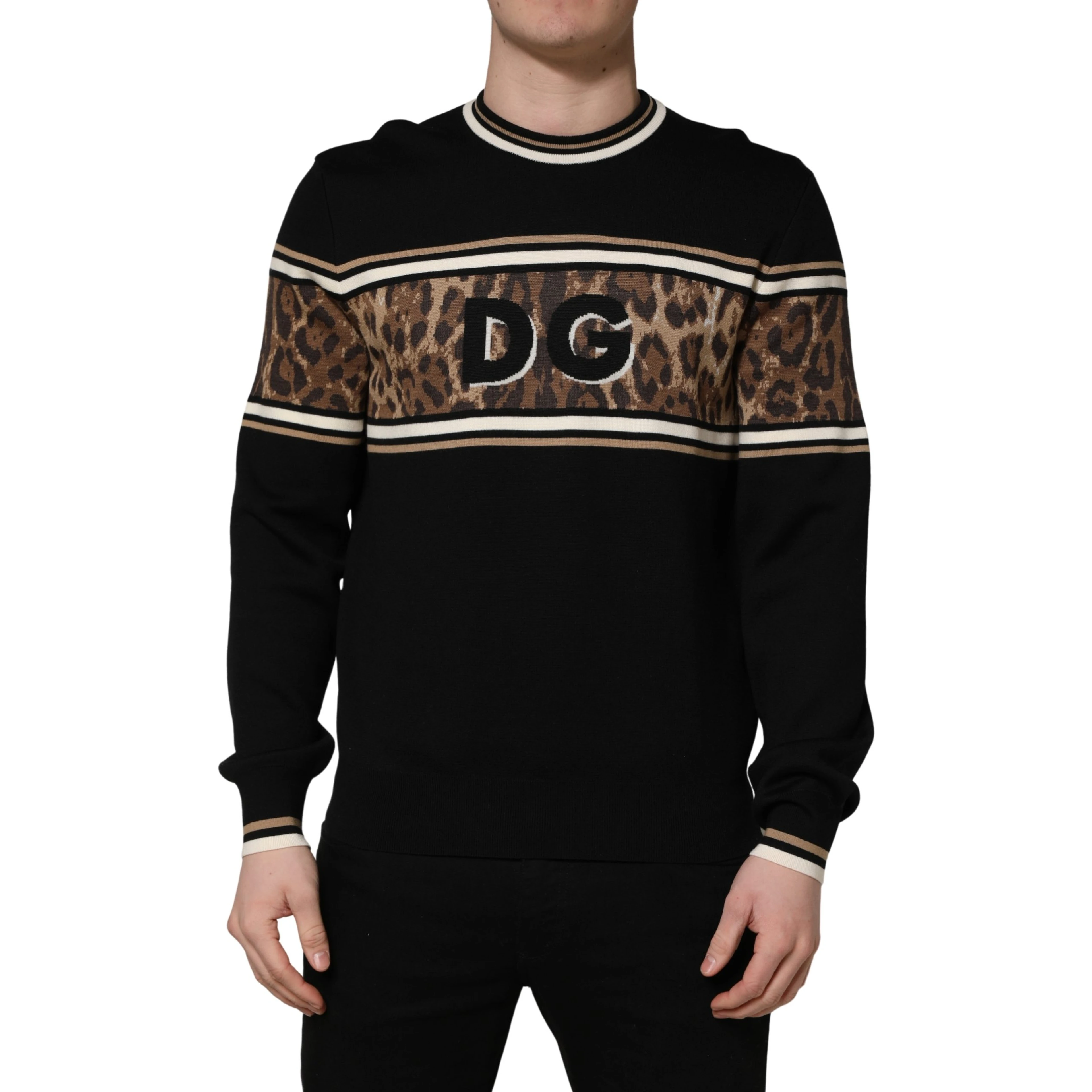 Black Leopard Wool Crew Neck Men Pullover Sweater
