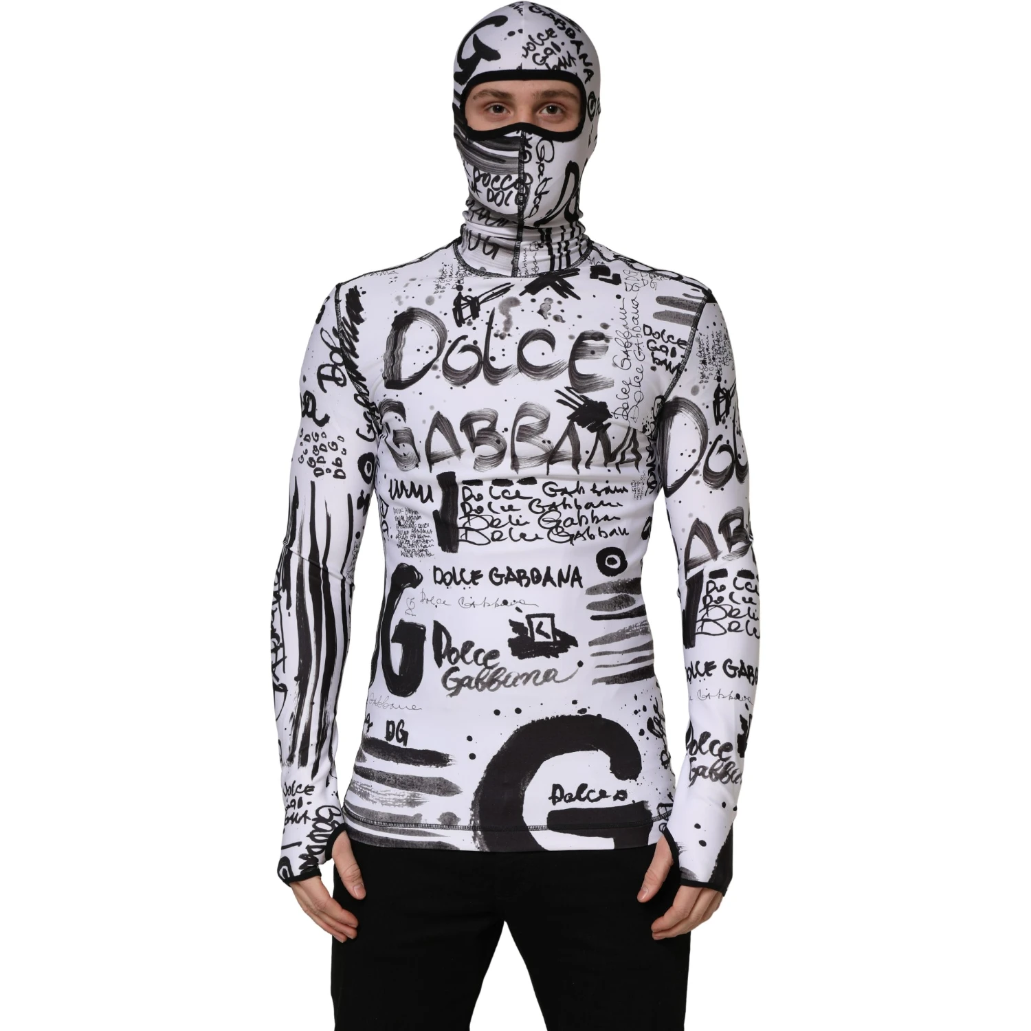 White Jersey Graffiti Print Balaclava Hood Sweater