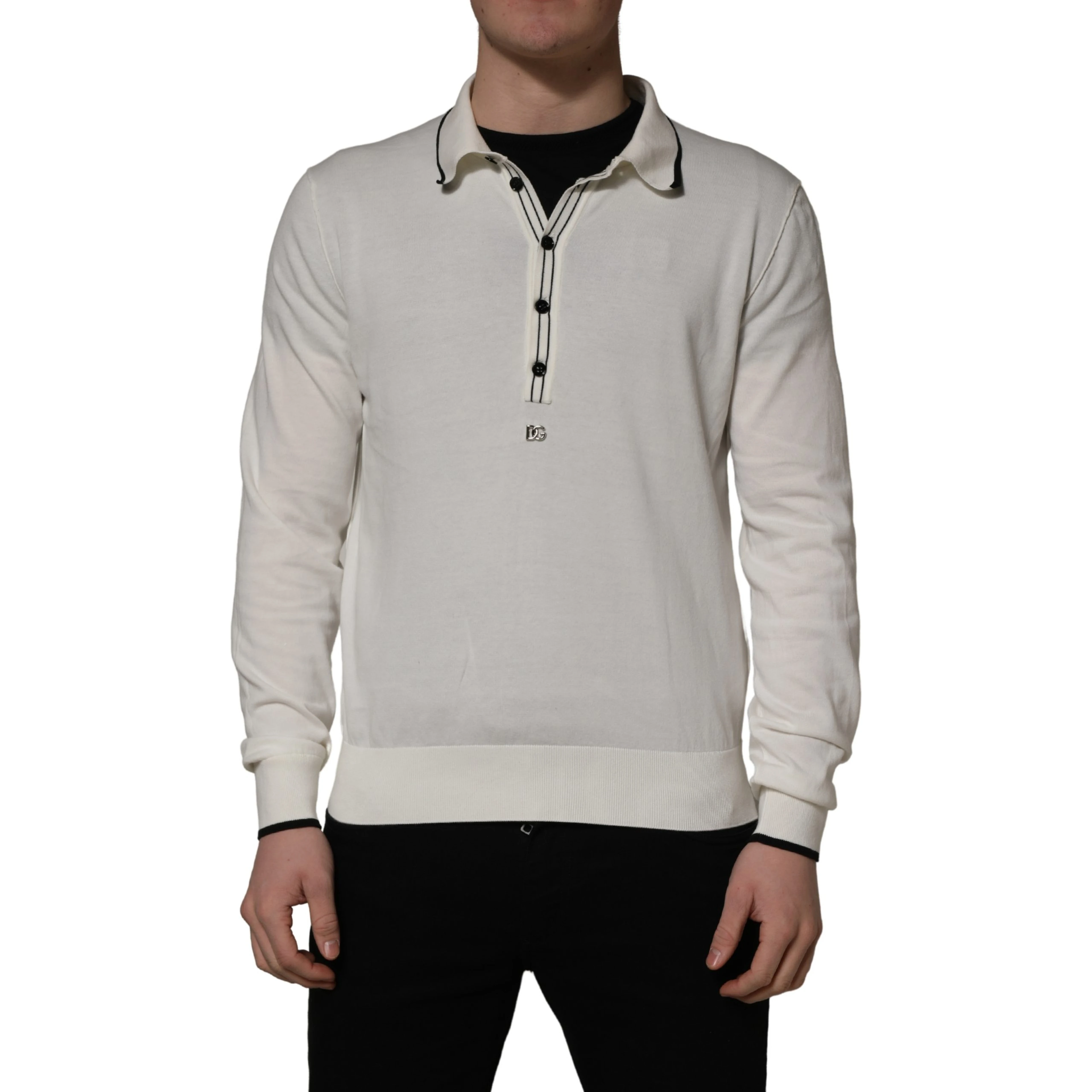 White Cotton Blend Men Polo Pullover Sweater