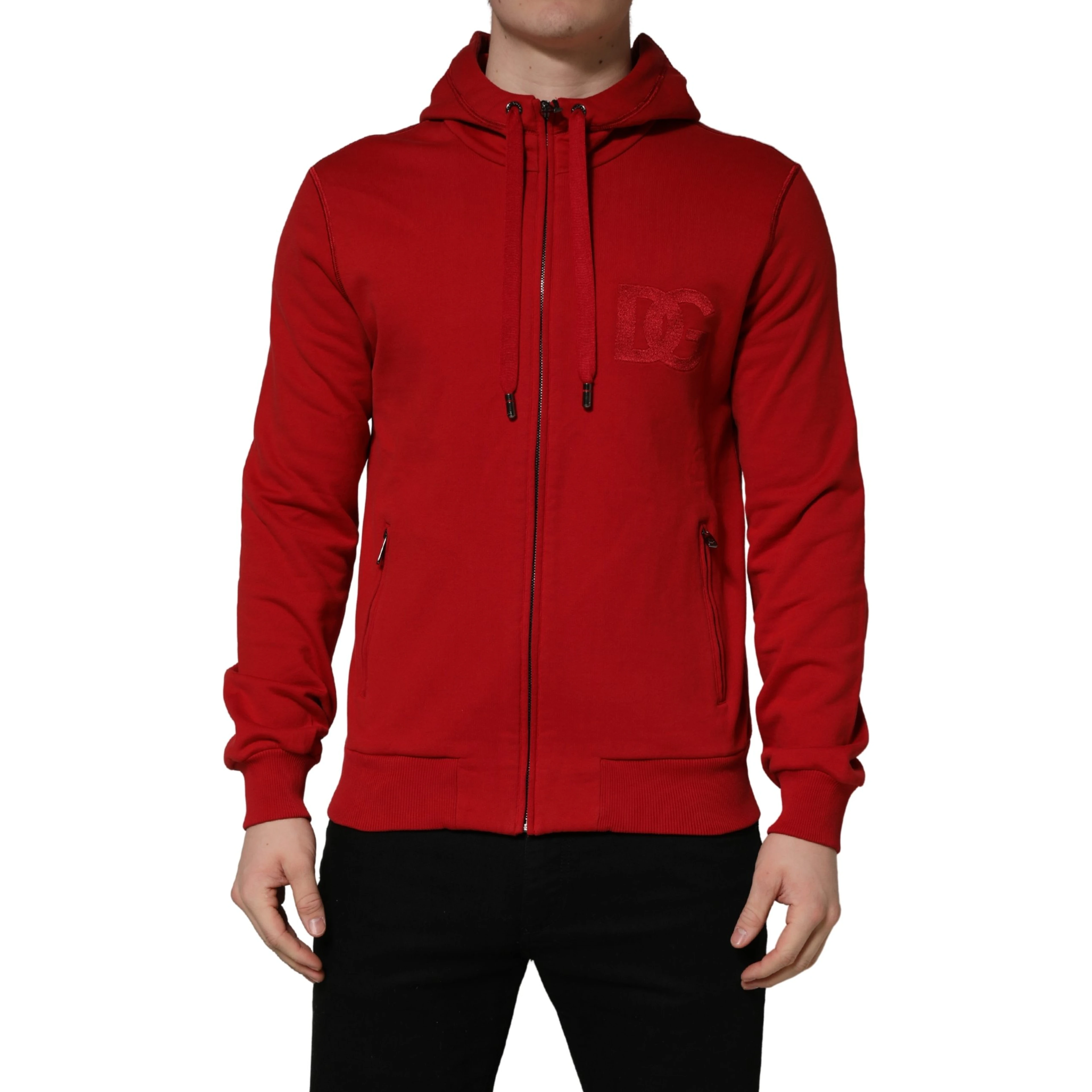 Red Embroidered Logo Hooded Full Zip Sweater