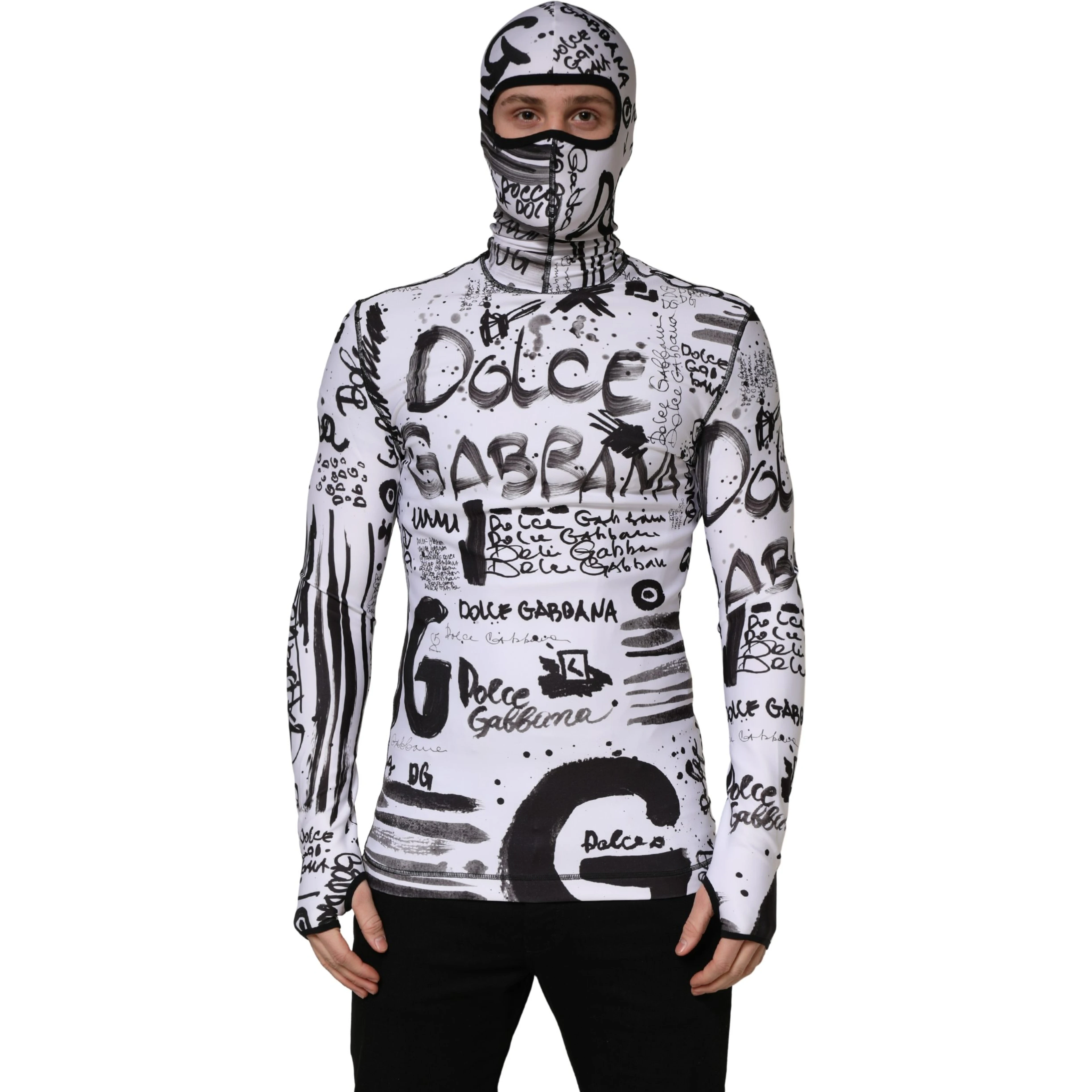 White Jersey Graffiti Print Balaclava Hood Sweater