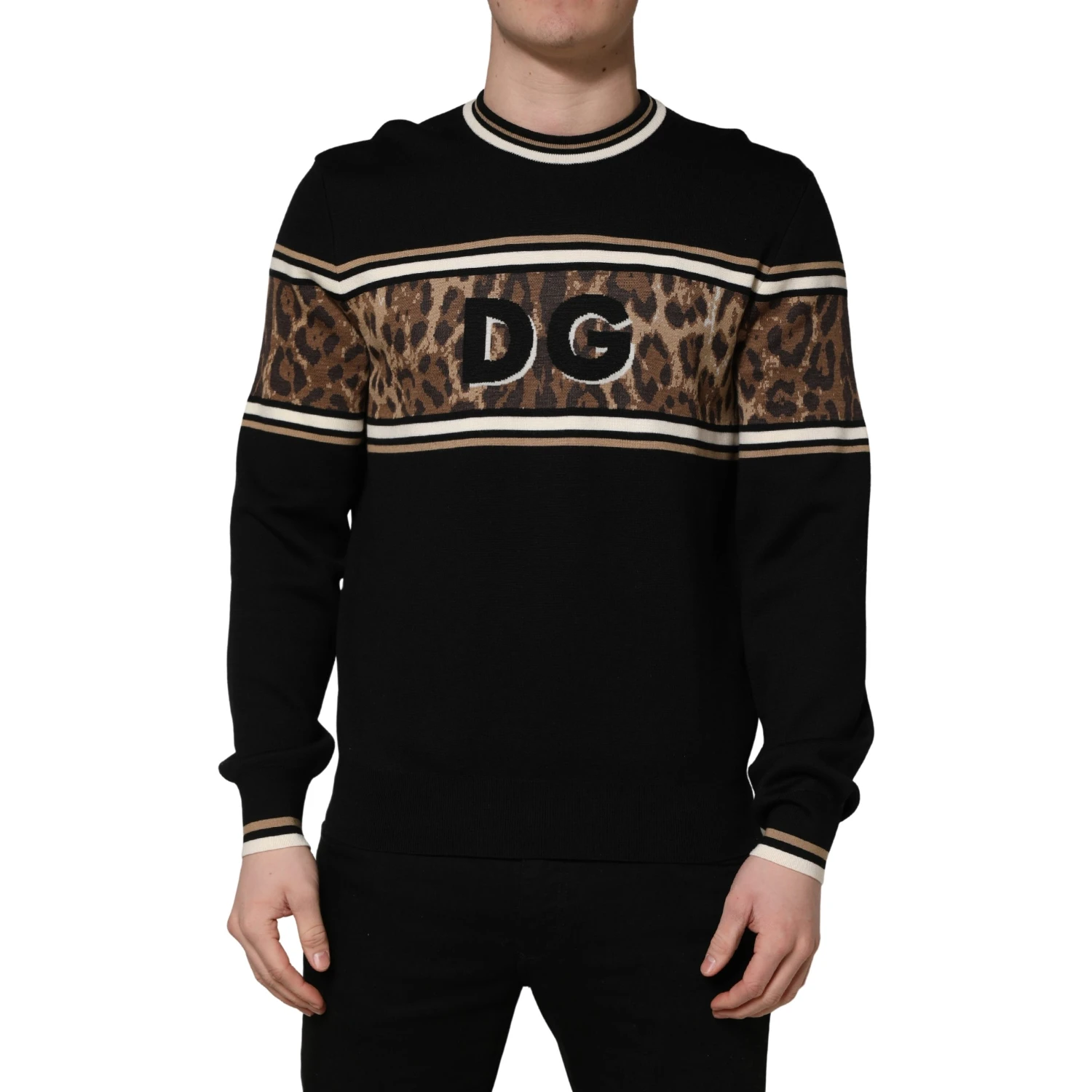 Black Leopard Wool Crew Neck Men Pullover Sweater