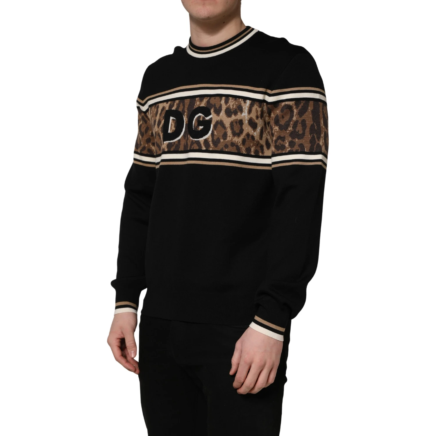 Black Leopard Wool Crew Neck Men Pullover Sweater