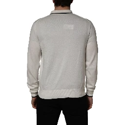 White Cotton Blend Men Polo Pullover Sweater