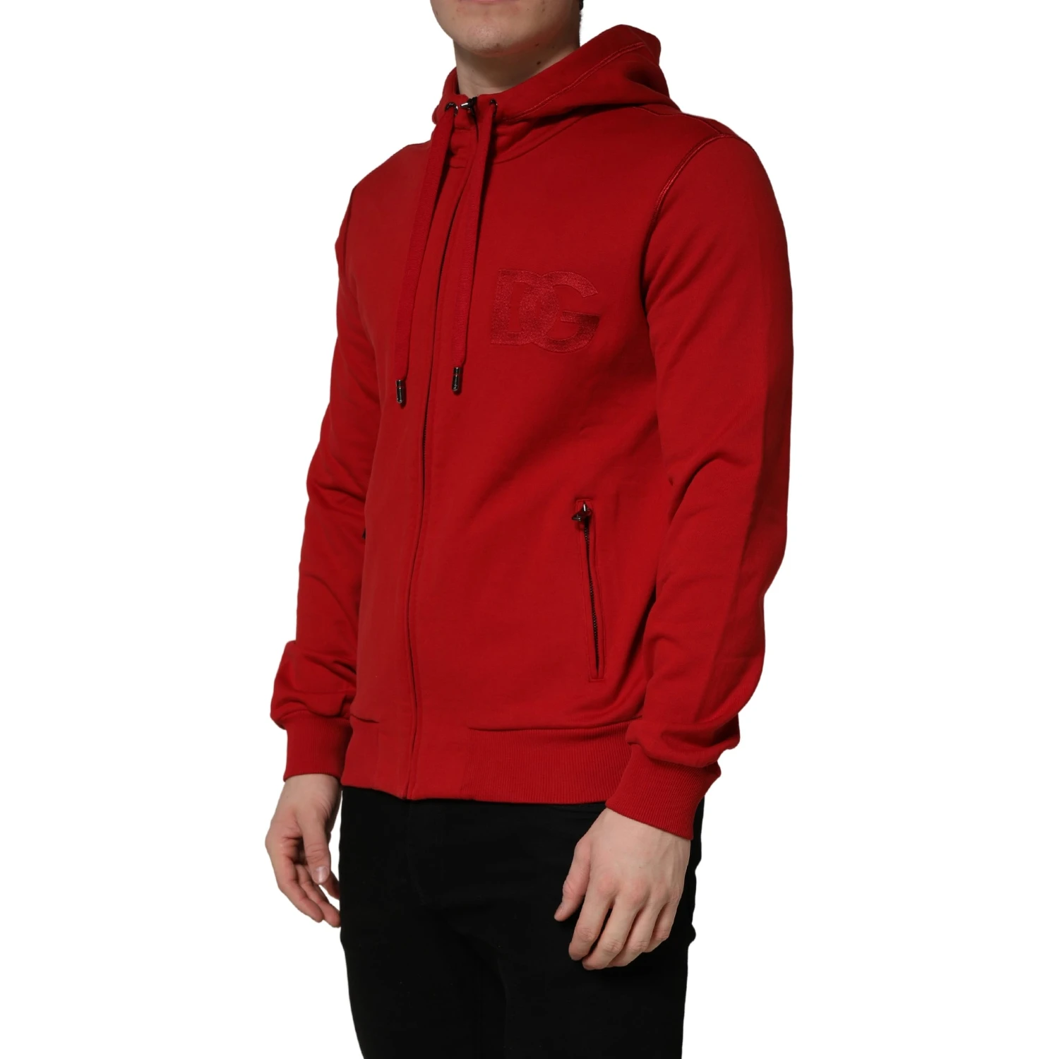 Red Embroidered Logo Hooded Full Zip Sweater