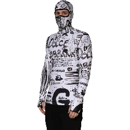 White Jersey Graffiti Print Balaclava Hood Sweater