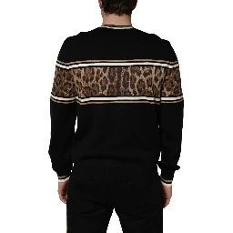 Black Leopard Wool Crew Neck Men Pullover Sweater