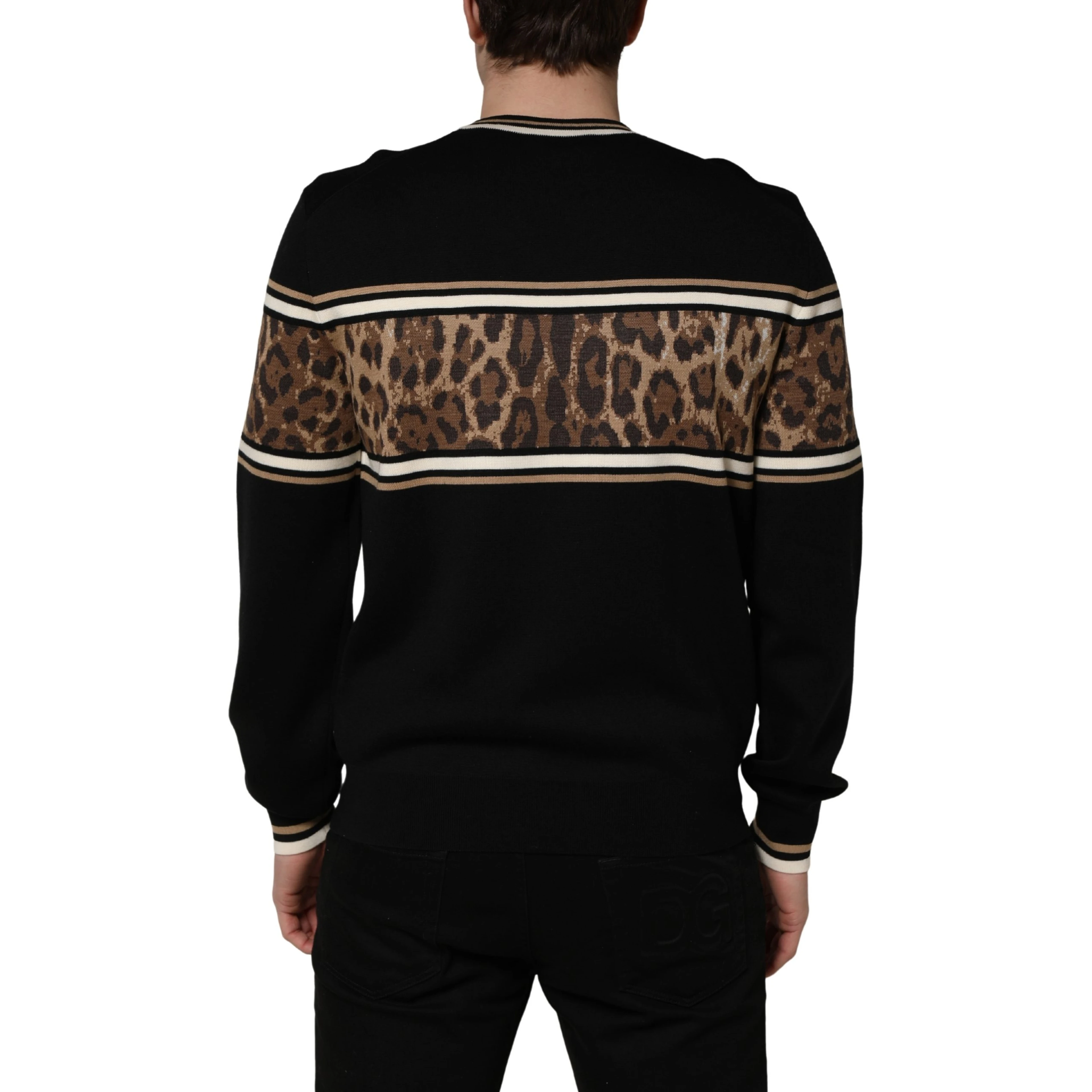 Black Leopard Wool Crew Neck Men Pullover Sweater