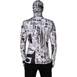 White Jersey Graffiti Print Balaclava Hood Sweater