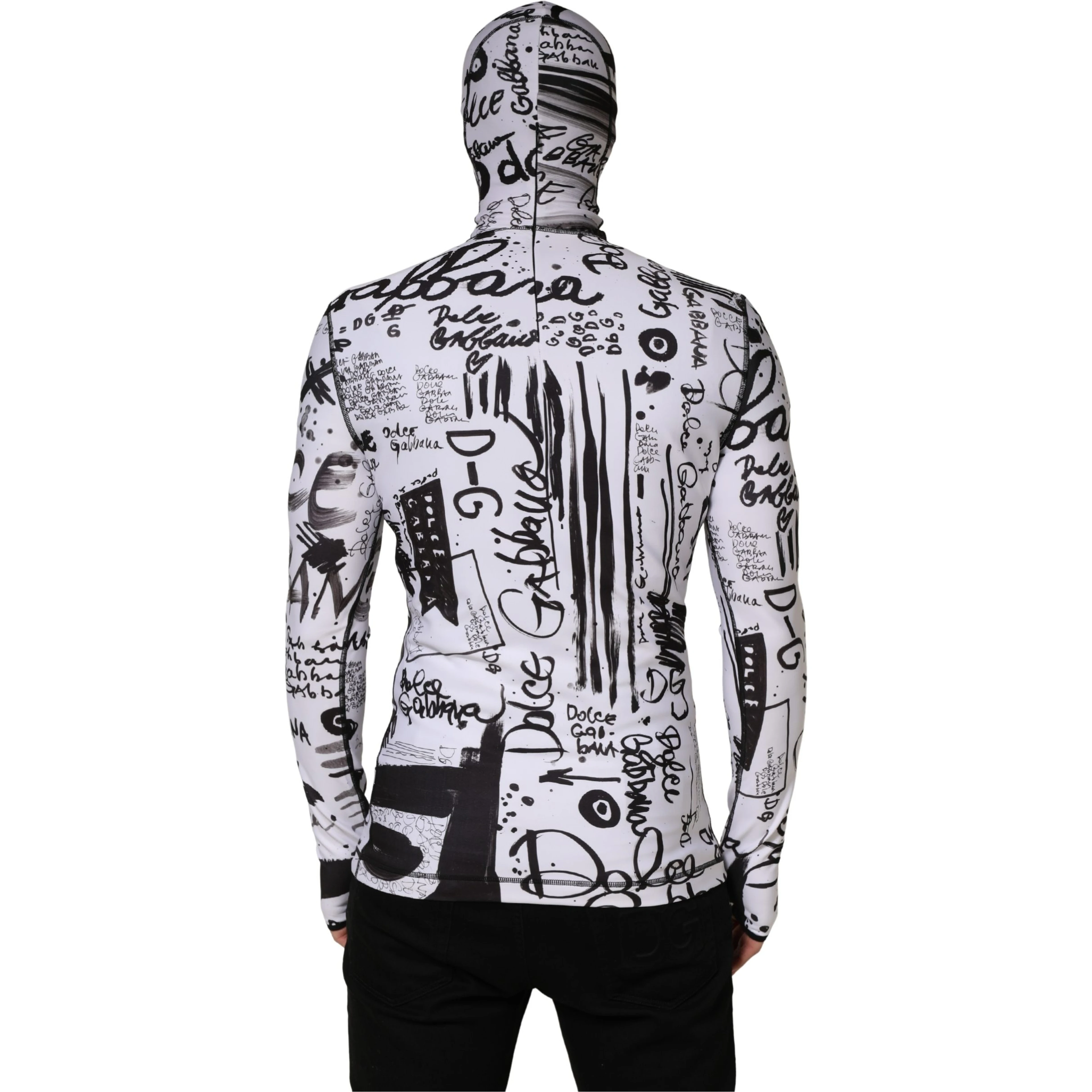 White Jersey Graffiti Print Balaclava Hood Sweater