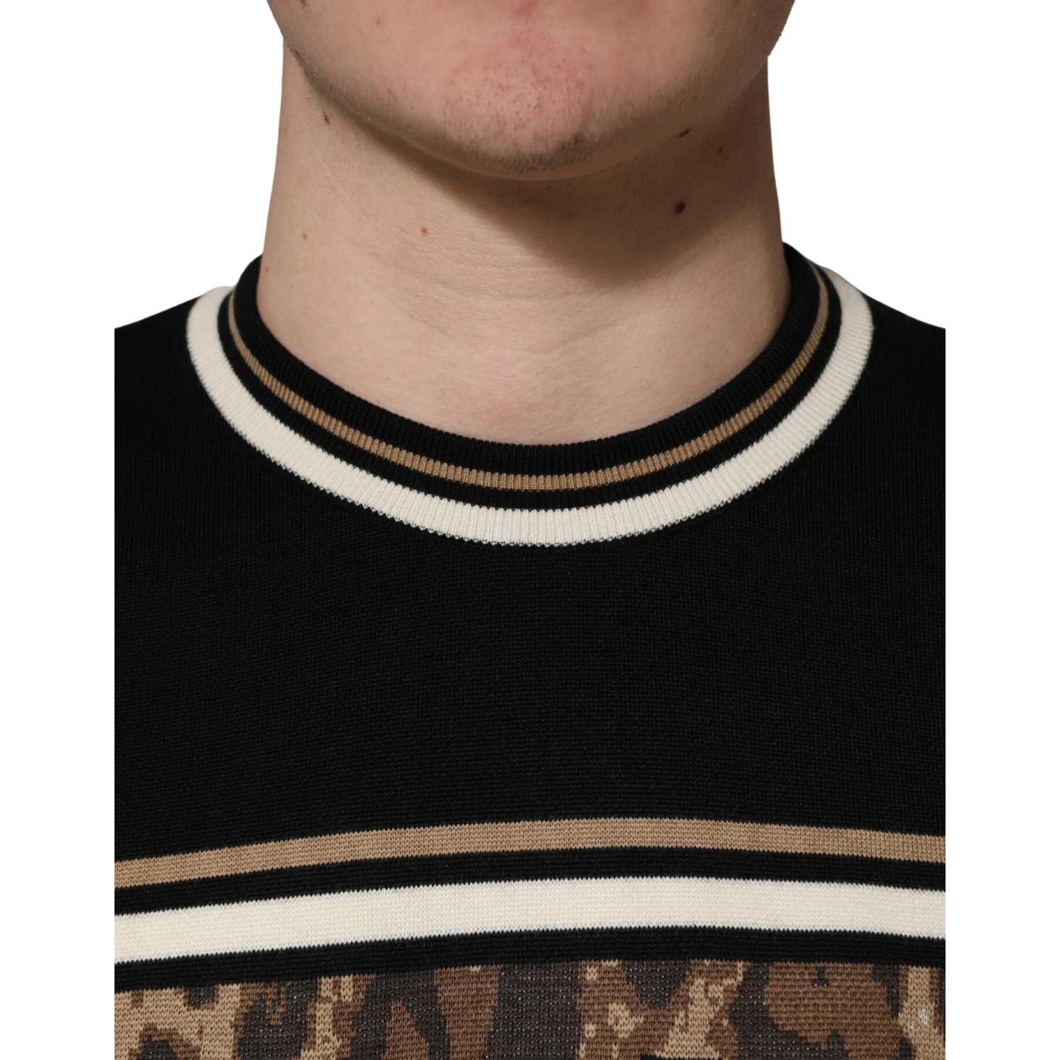 Black Leopard Wool Crew Neck Men Pullover Sweater
