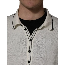 White Cotton Blend Men Polo Pullover Sweater