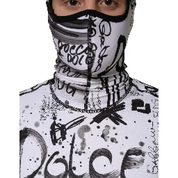 White Jersey Graffiti Print Balaclava Hood Sweater