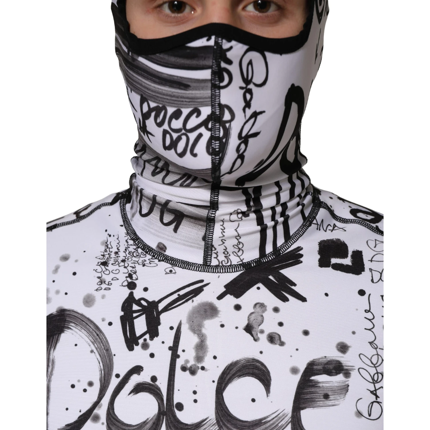 White Jersey Graffiti Print Balaclava Hood Sweater