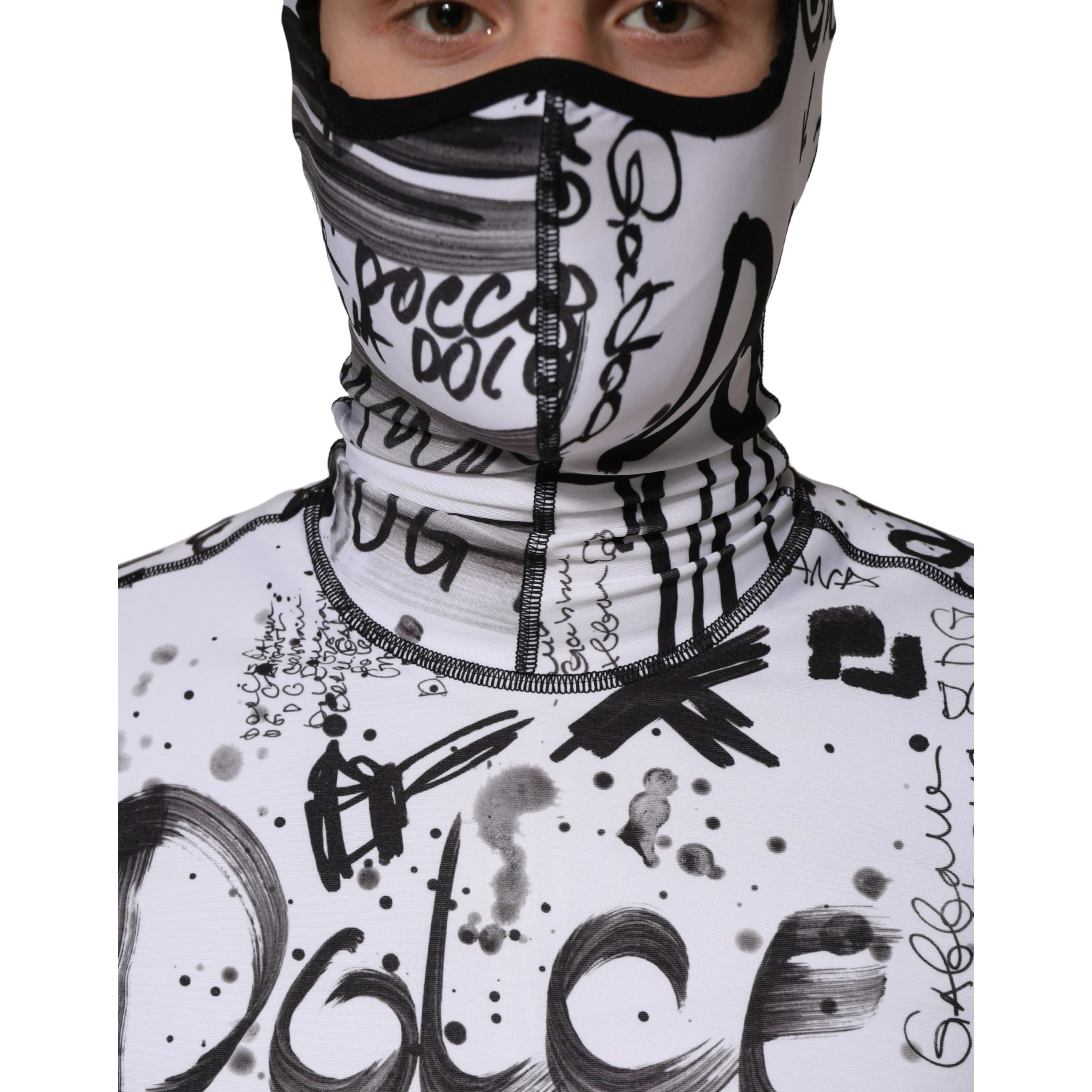 White Jersey Graffiti Print Balaclava Hood Sweater