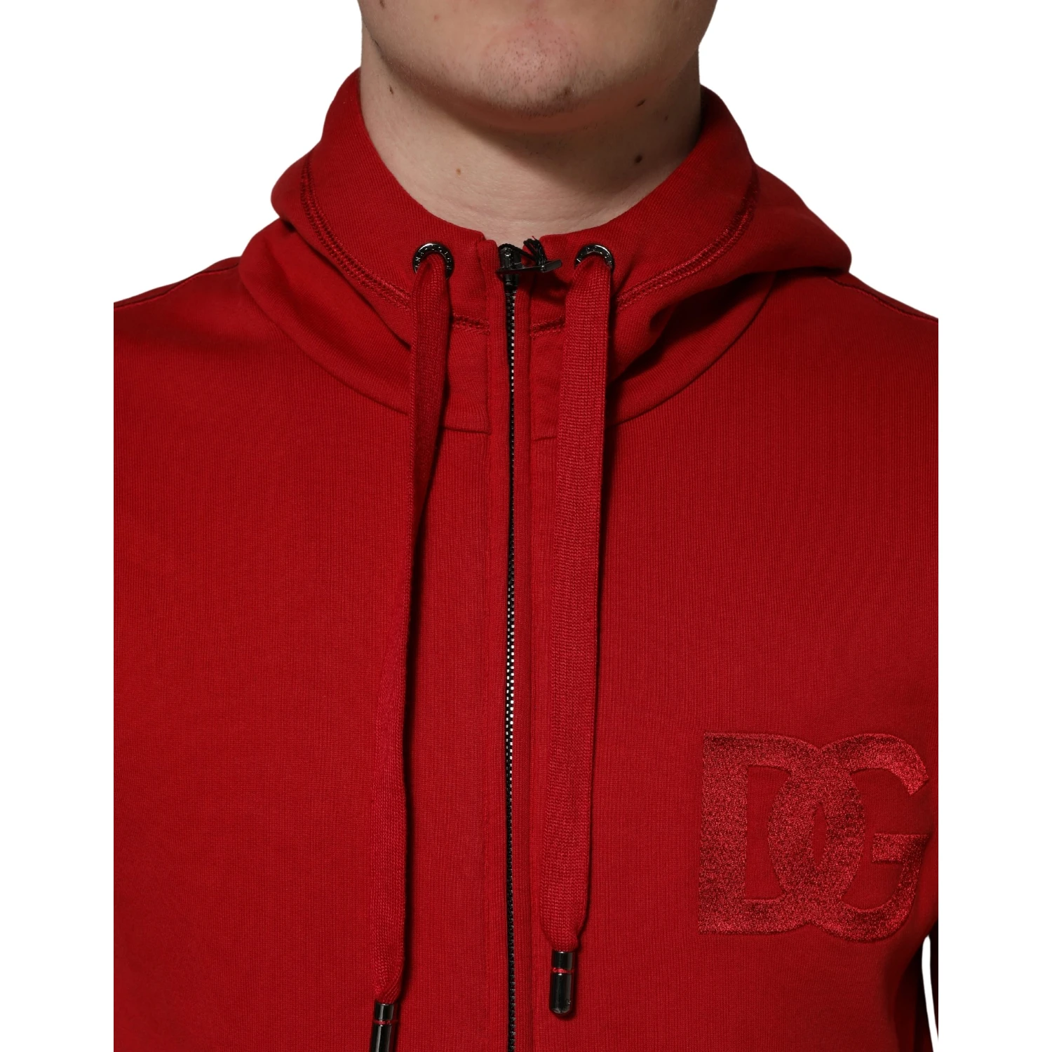Red Embroidered Logo Hooded Full Zip Sweater