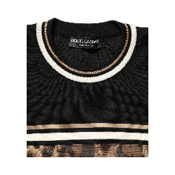 Black Leopard Wool Crew Neck Men Pullover Sweater