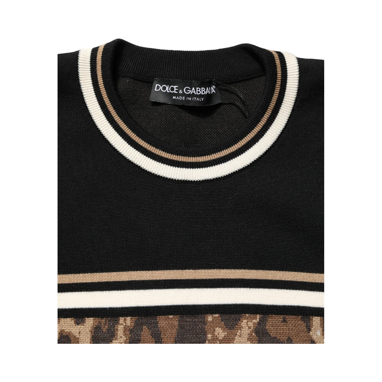 Black Leopard Wool Crew Neck Men Pullover Sweater