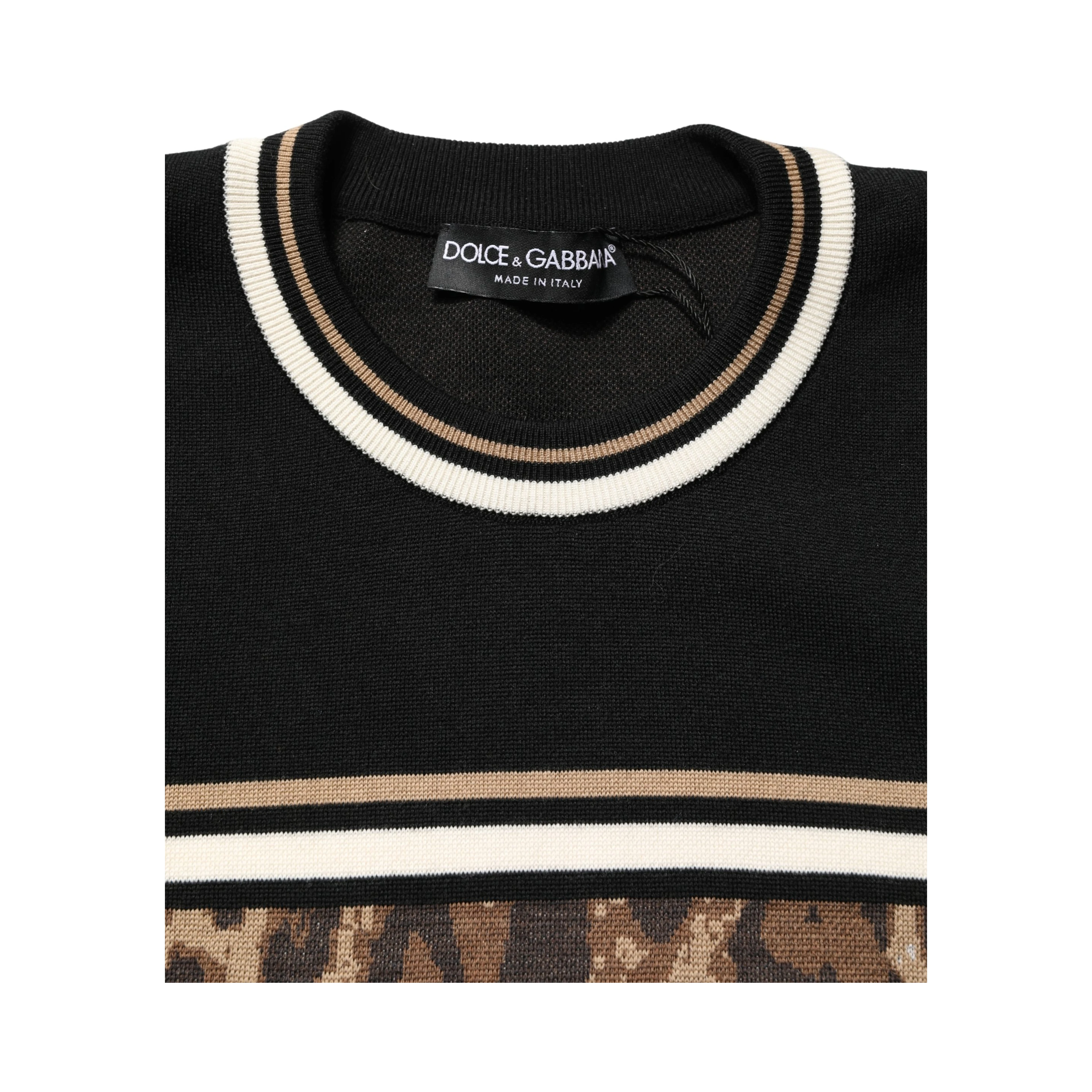 Black Leopard Wool Crew Neck Men Pullover Sweater