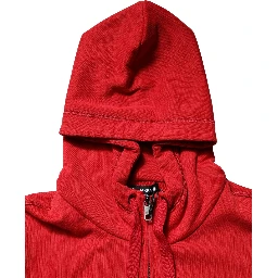 Red Embroidered Logo Hooded Full Zip Sweater