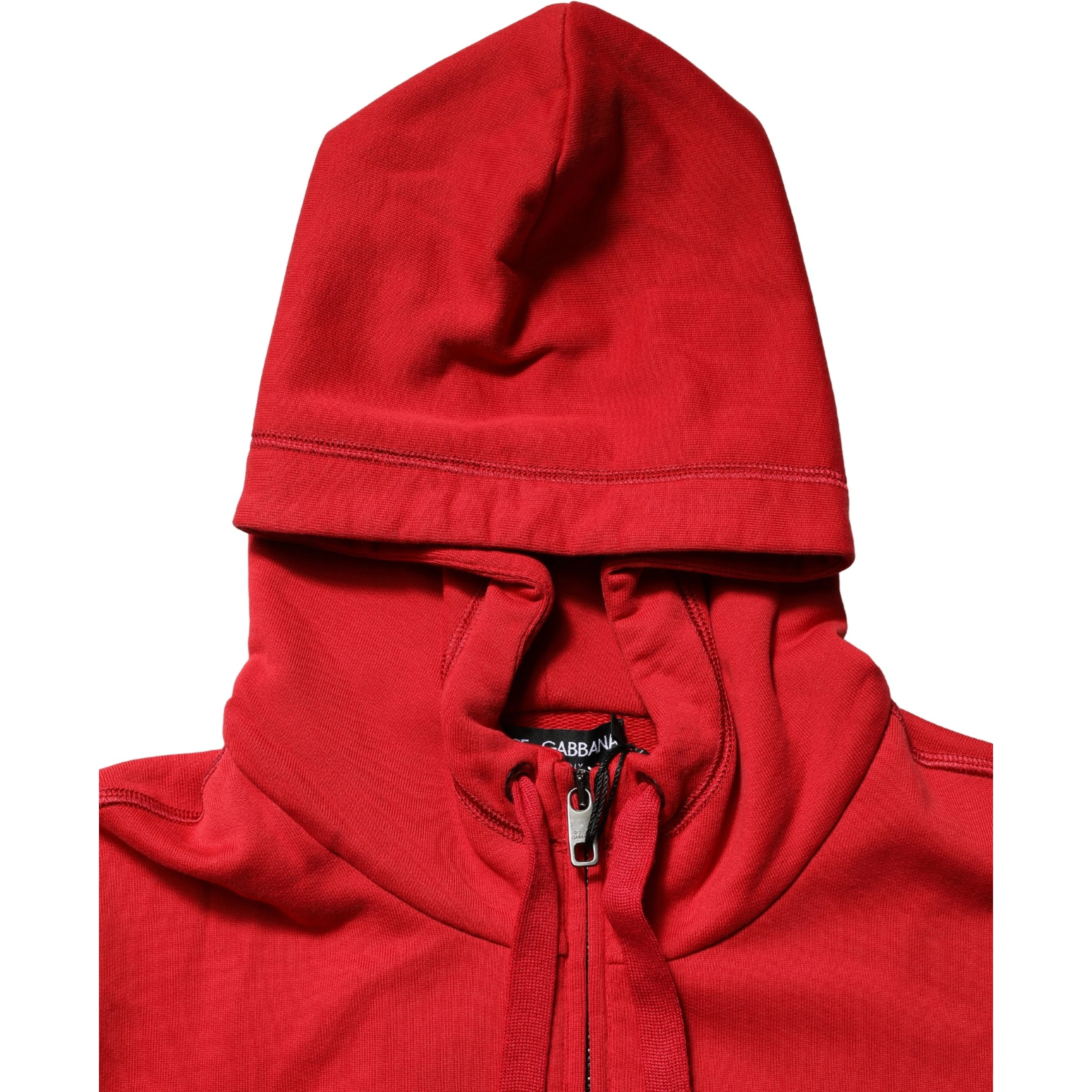Red Embroidered Logo Hooded Full Zip Sweater