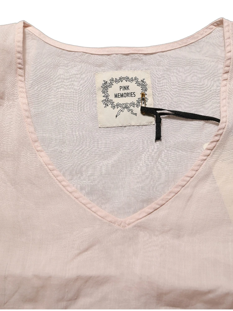 Light Pink Linen V-Neck Long Sleeves Blouse Top