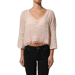 Light Pink Linen V-Neck Long Sleeves Blouse Top