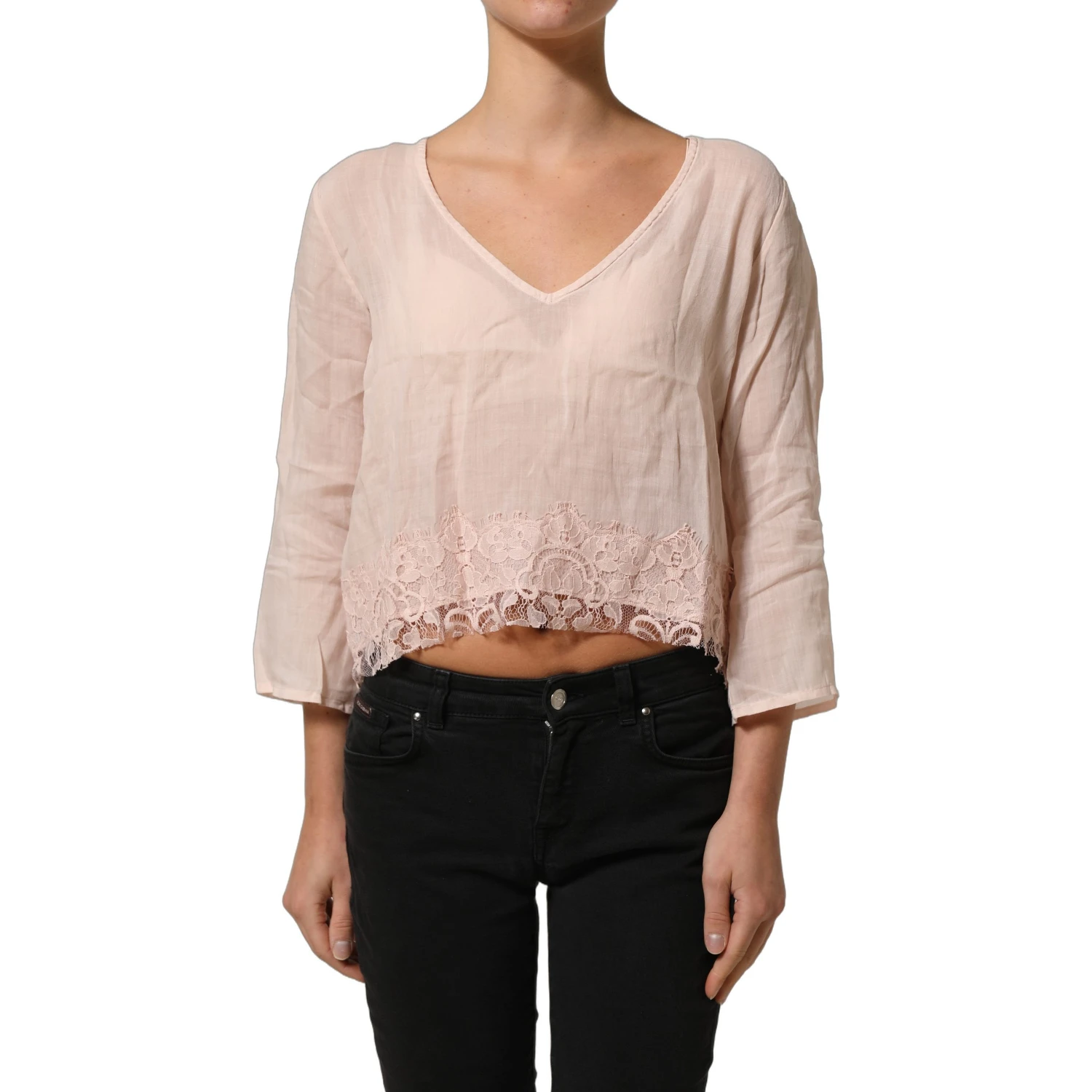 Light Pink Linen V-Neck Long Sleeves Blouse Top