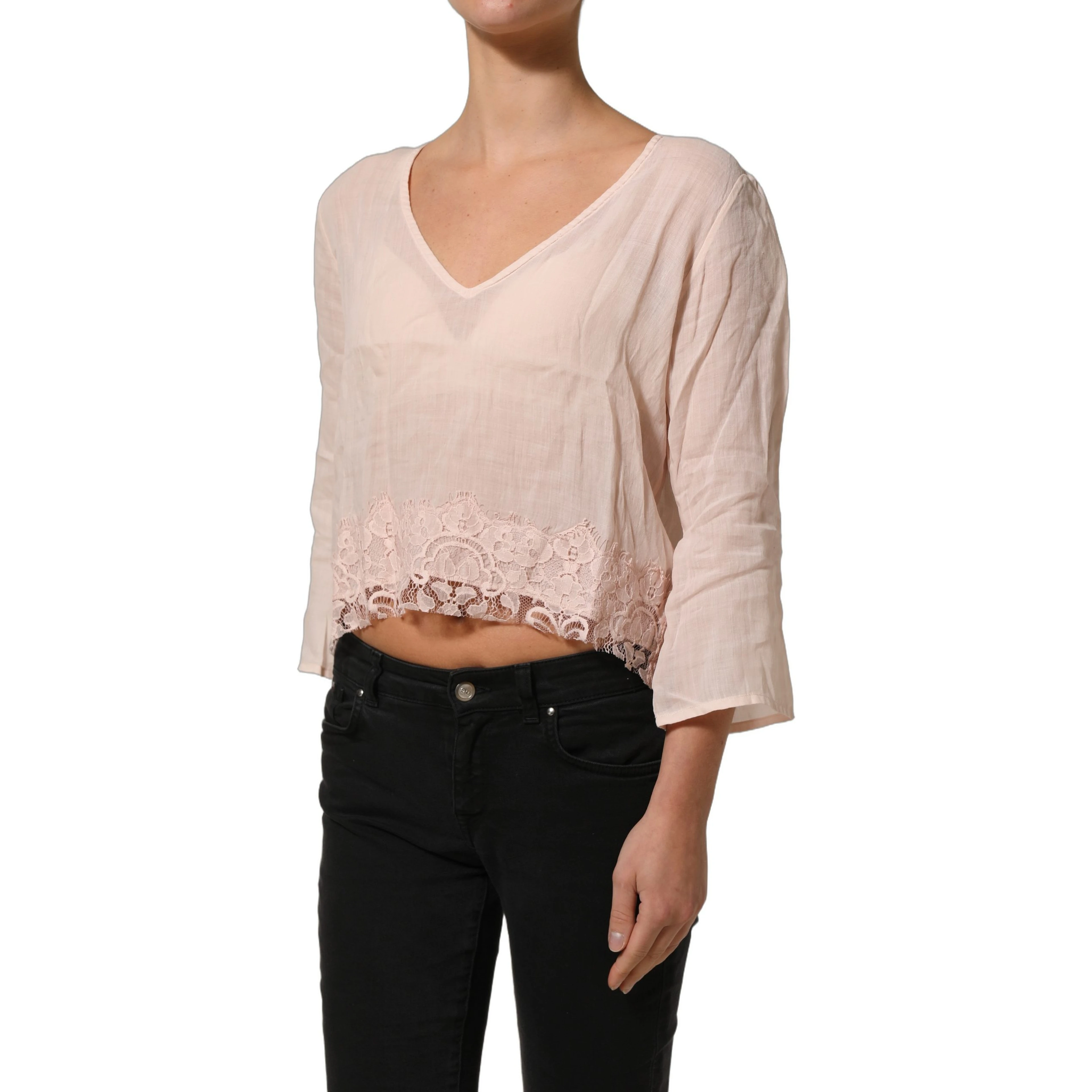 Light Pink Linen V-Neck Long Sleeves Blouse Top