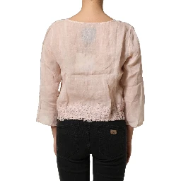 Light Pink Linen V-Neck Long Sleeves Blouse Top