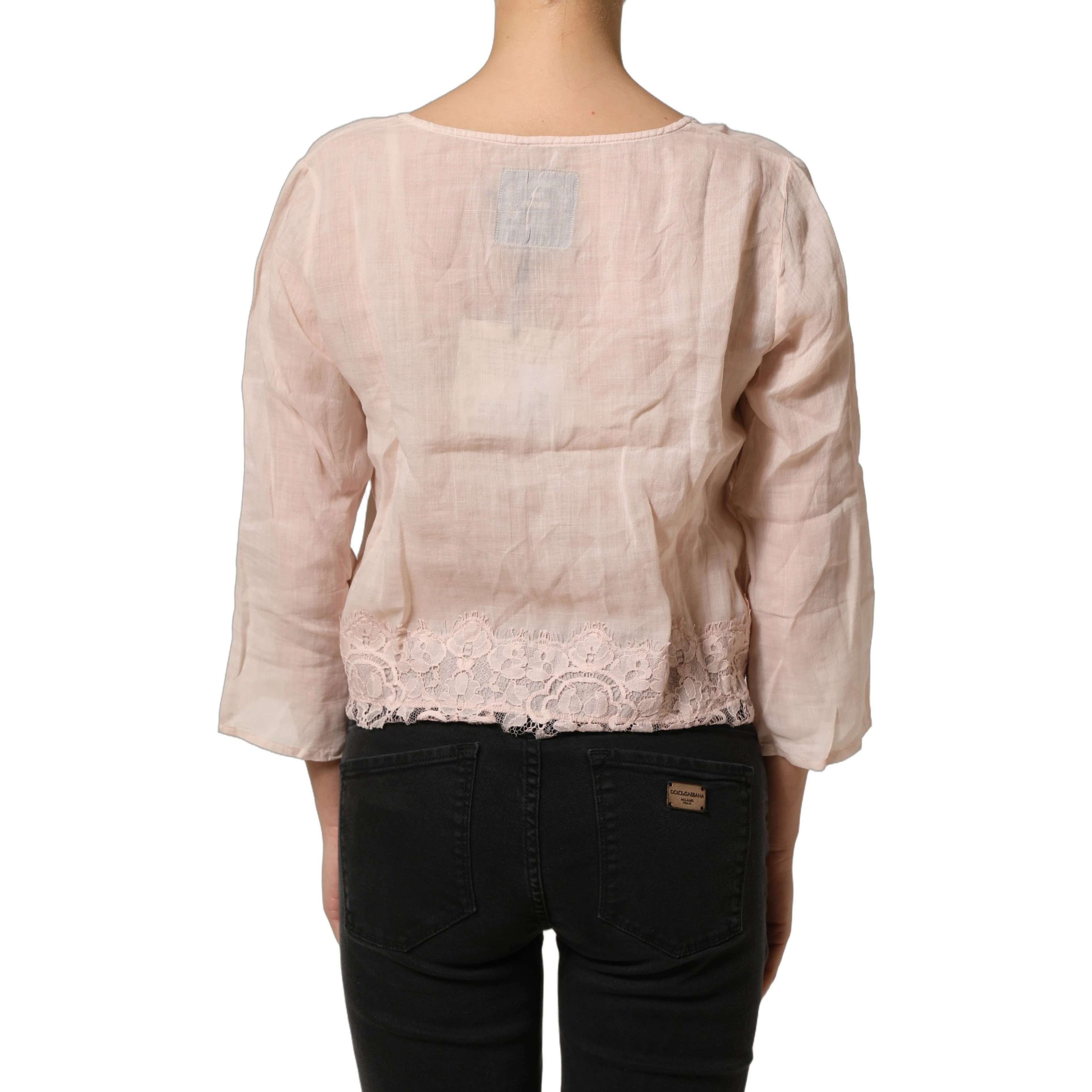 Light Pink Linen V-Neck Long Sleeves Blouse Top