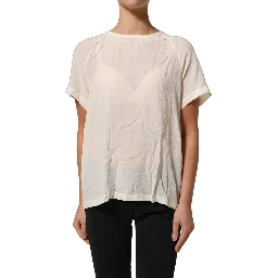 Off White Silk Sheer Round Neck Short Sleeves Blouse Top
