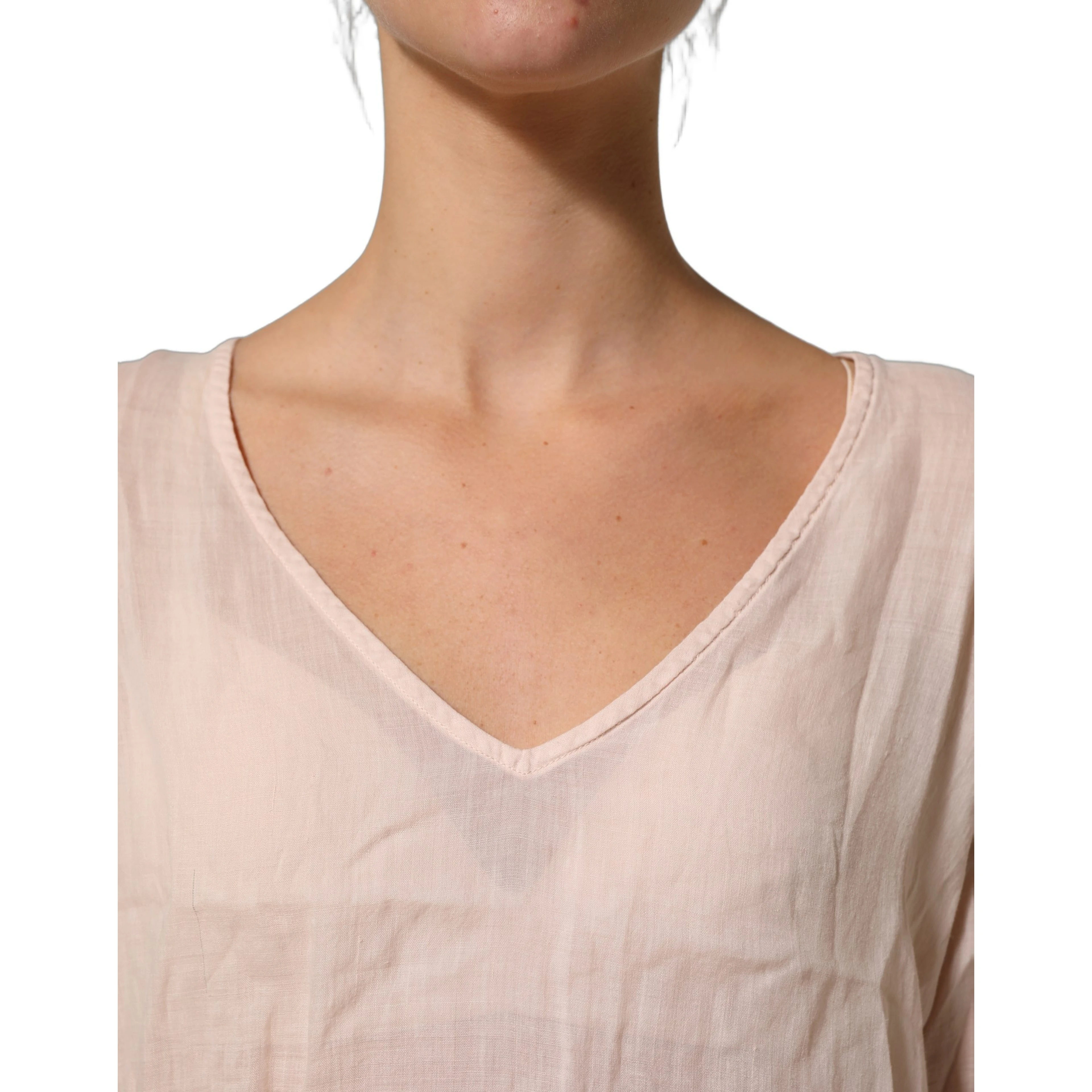 Light Pink Linen V-Neck Long Sleeves Blouse Top