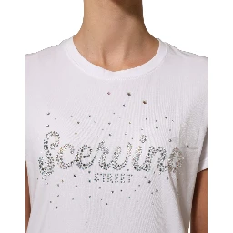 White Crew Neck Short Sleeves Embellished T-shirt