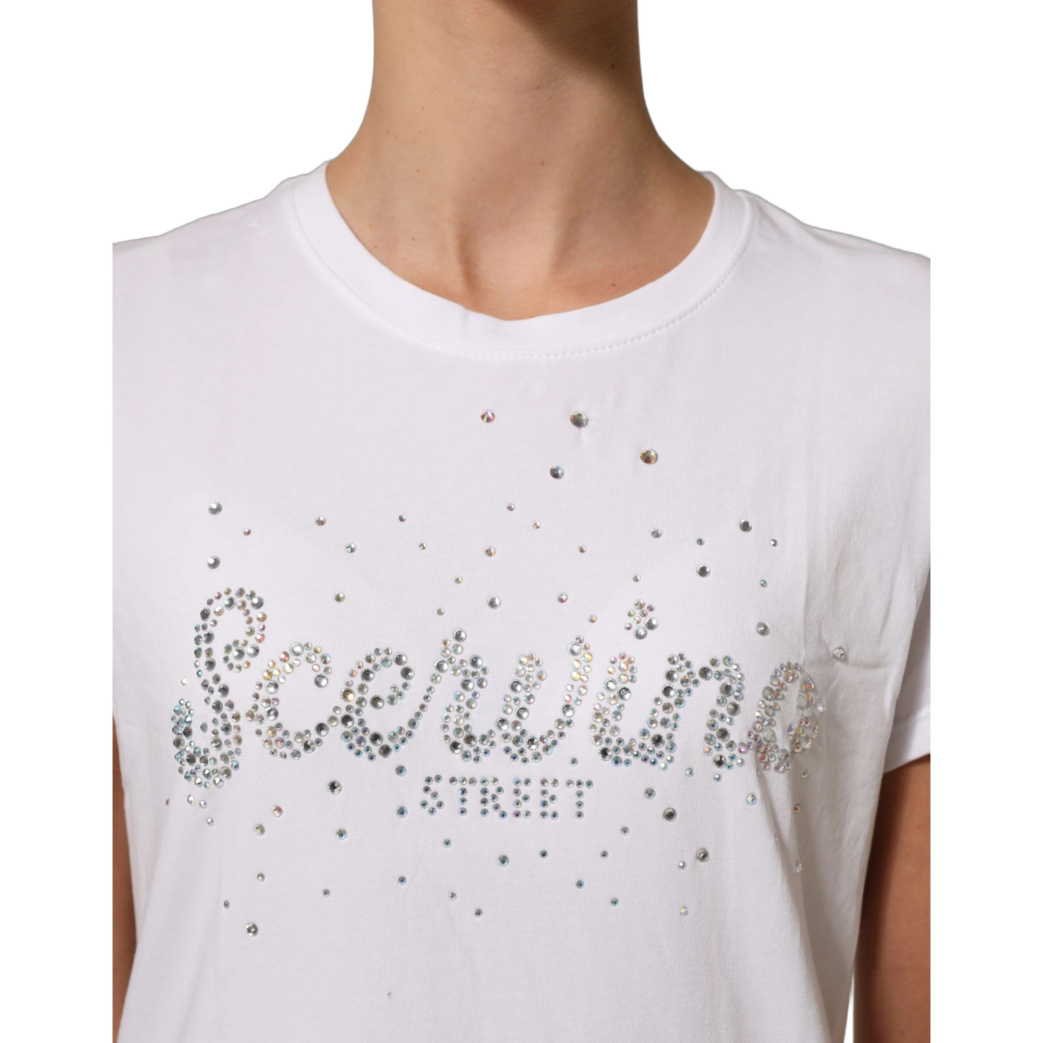 White Crew Neck Short Sleeves Embellished T-shirt