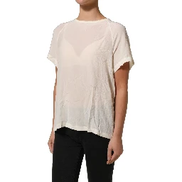 Off White Silk Sheer Round Neck Short Sleeves Blouse Top