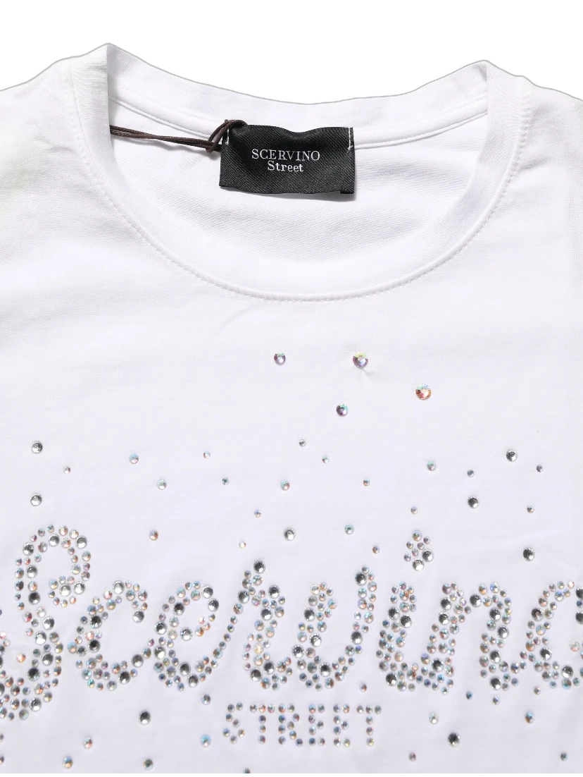 White Crew Neck Short Sleeves Embellished T-shirt