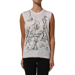White Silk Knit Garden Fountain Print Tank Top