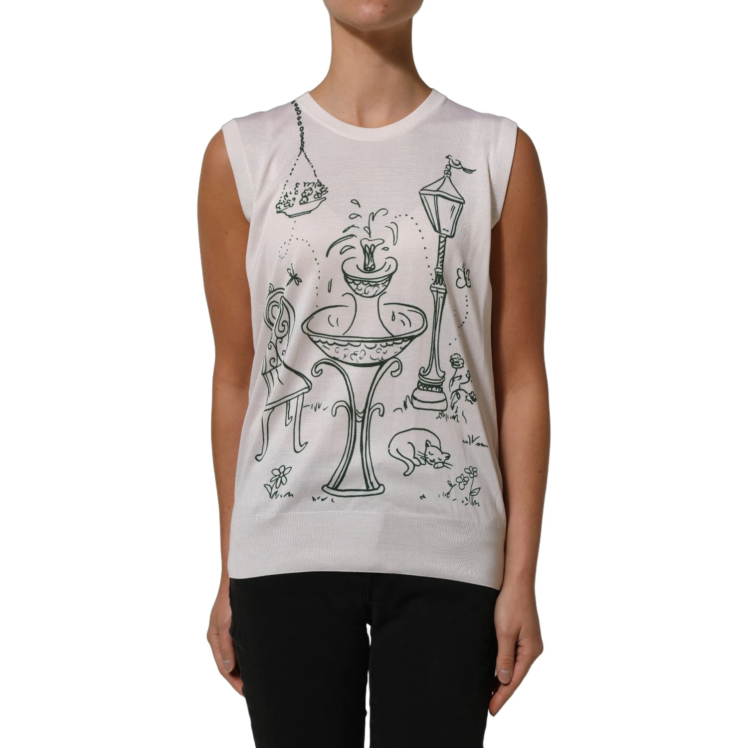 White Silk Knit Garden Fountain Print Tank Top