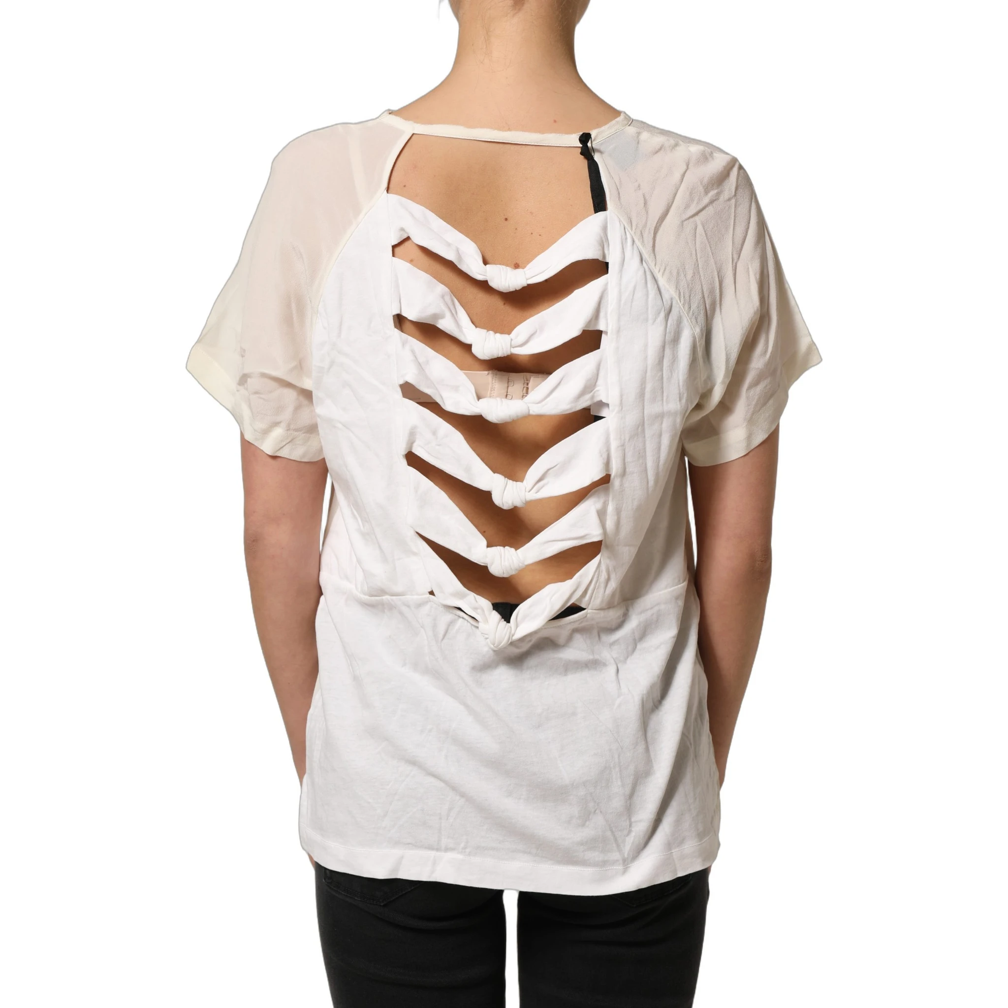 Off White Silk Sheer Round Neck Short Sleeves Blouse Top