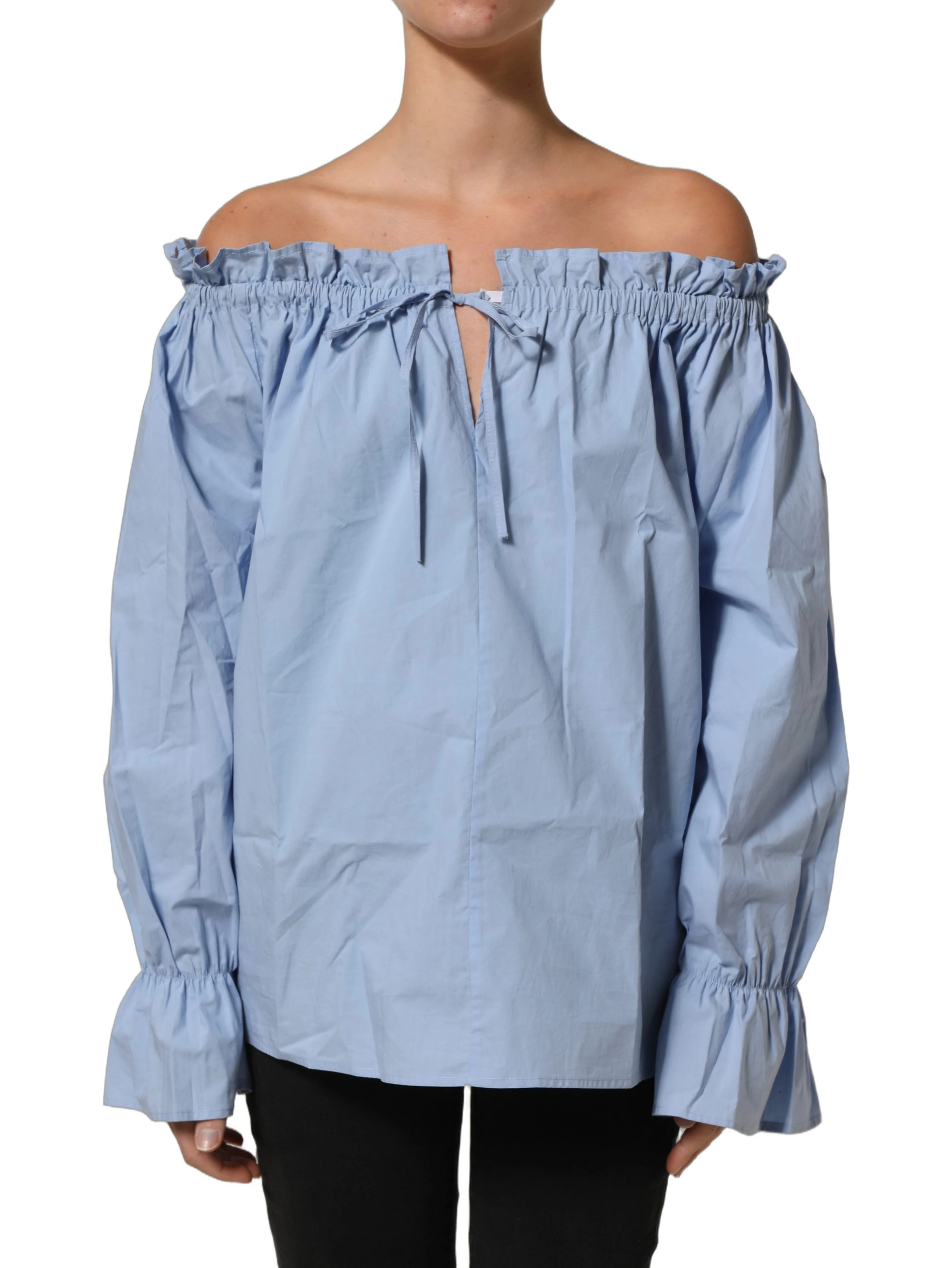 Light Blue Cotton Off Shoulder Long Sleeves Top